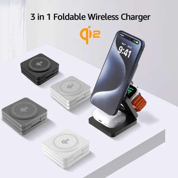 Trifold 3-in-1 MagSafe Qi2 Fast Wireless Charger Stand