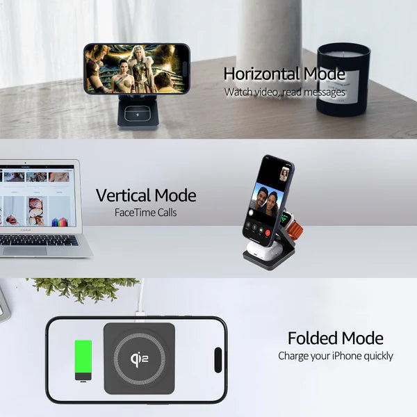Trifold 3-in-1 MagSafe Qi2 Fast Wireless Charger Stand