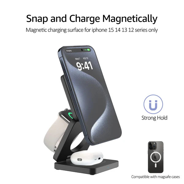 Trifold 3-in-1 MagSafe Qi2 Fast Wireless Charger Stand