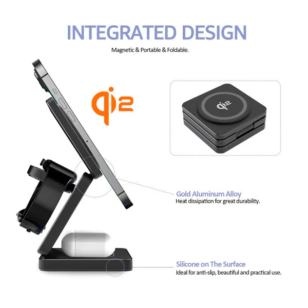 Trifold 3-in-1 MagSafe Qi2 Fast Wireless Charger Stand