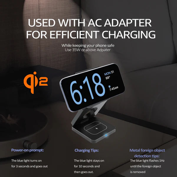 Trifold 3-in-1 MagSafe Qi2 Fast Wireless Charger Stand
