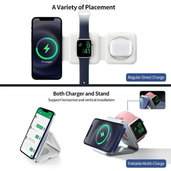 3-in-1 Magnetic Foldable Wireless Charger – MagSafe Compatible