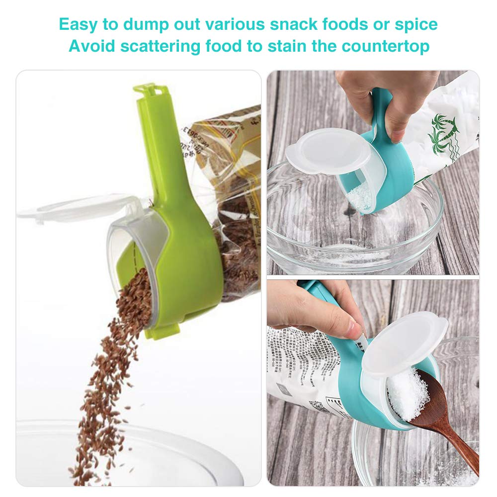 4pcs Food Bag Clips with Pour Spouts, Great Clips Bags for Kitchen, Suitable for Small Particle Food, Liquid,Flour and Baby Food Storage Organizer