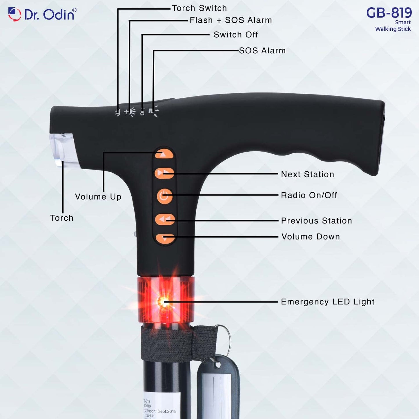 Dr. Odin GB-819 Smart Walking Cane with LED Lights, Automatic Alarm System, FM Radio, USB Charging, Adjustable Walking Stick for Seniors, Men, Women