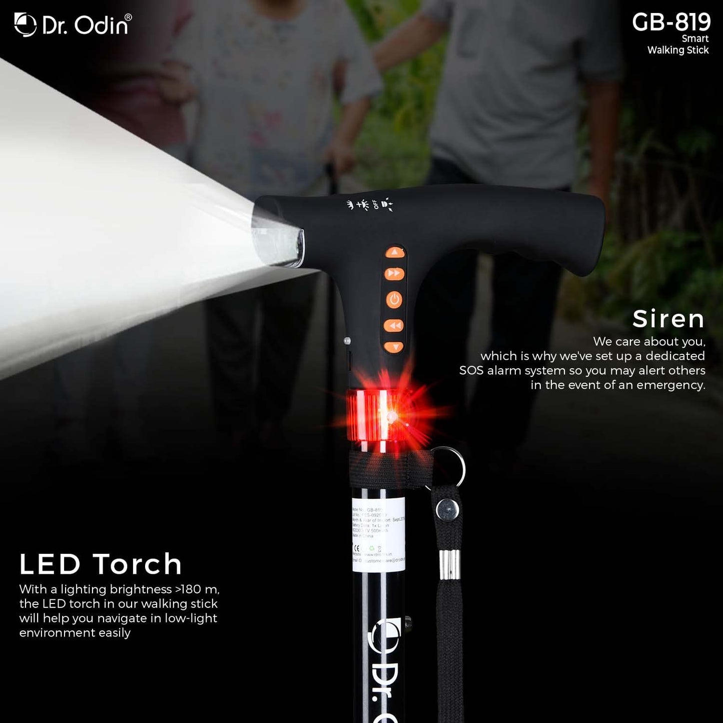Dr. Odin GB-819 Smart Walking Cane with LED Lights, Automatic Alarm System, FM Radio, USB Charging, Adjustable Walking Stick for Seniors, Men, Women