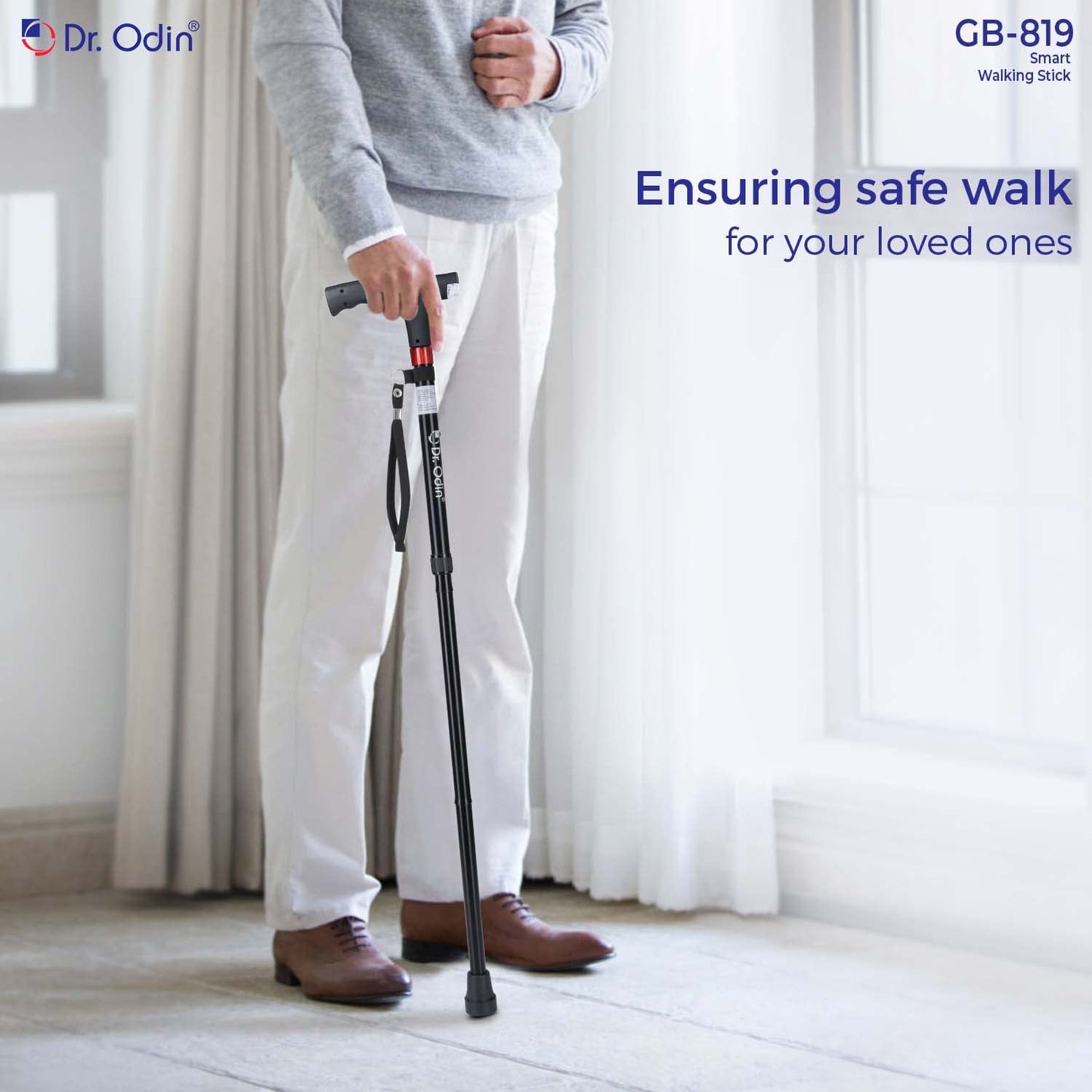 Dr. Odin GB-819 Smart Walking Cane with LED Lights, Automatic Alarm System, FM Radio, USB Charging, Adjustable Walking Stick for Seniors, Men, Women