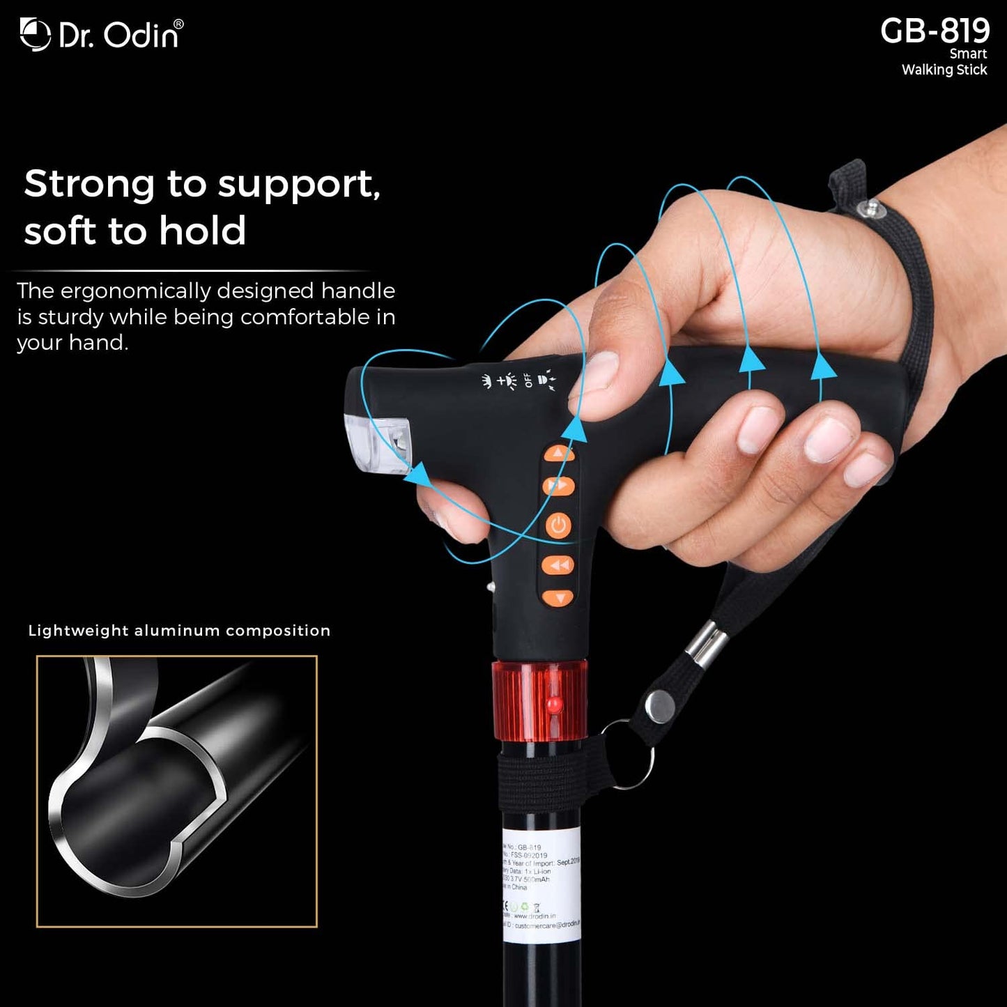 Dr. Odin GB-819 Smart Walking Cane with LED Lights, Automatic Alarm System, FM Radio, USB Charging, Adjustable Walking Stick for Seniors, Men, Women