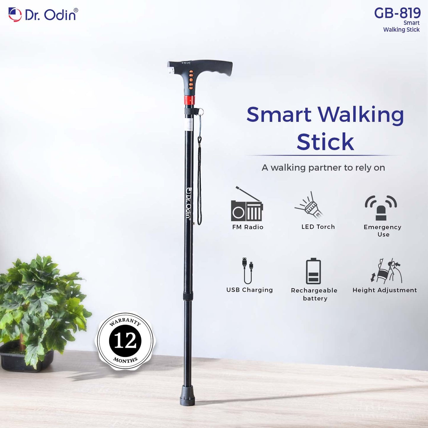 Dr. Odin GB-819 Smart Walking Cane with LED Lights, Automatic Alarm System, FM Radio, USB Charging, Adjustable Walking Stick for Seniors, Men, Women