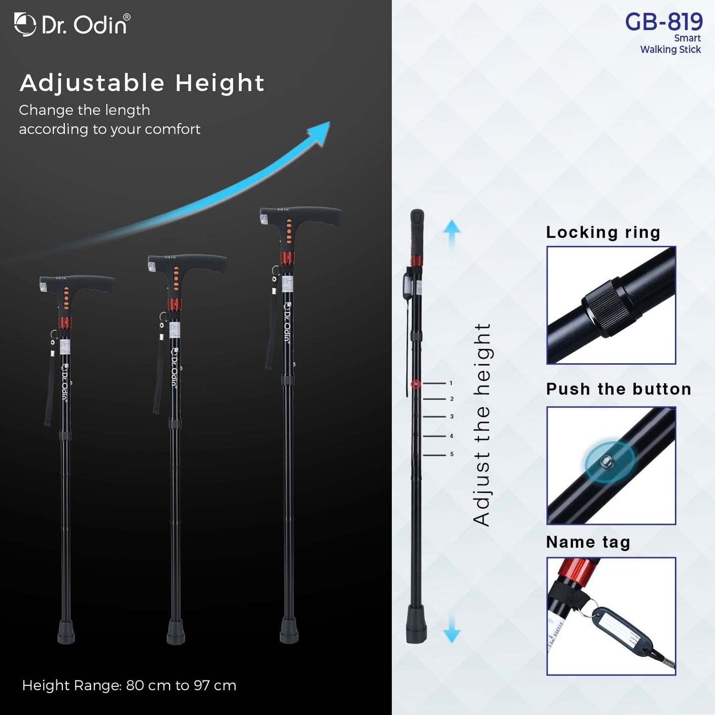 Dr. Odin GB-819 Smart Walking Cane with LED Lights, Automatic Alarm System, FM Radio, USB Charging, Adjustable Walking Stick for Seniors, Men, Women