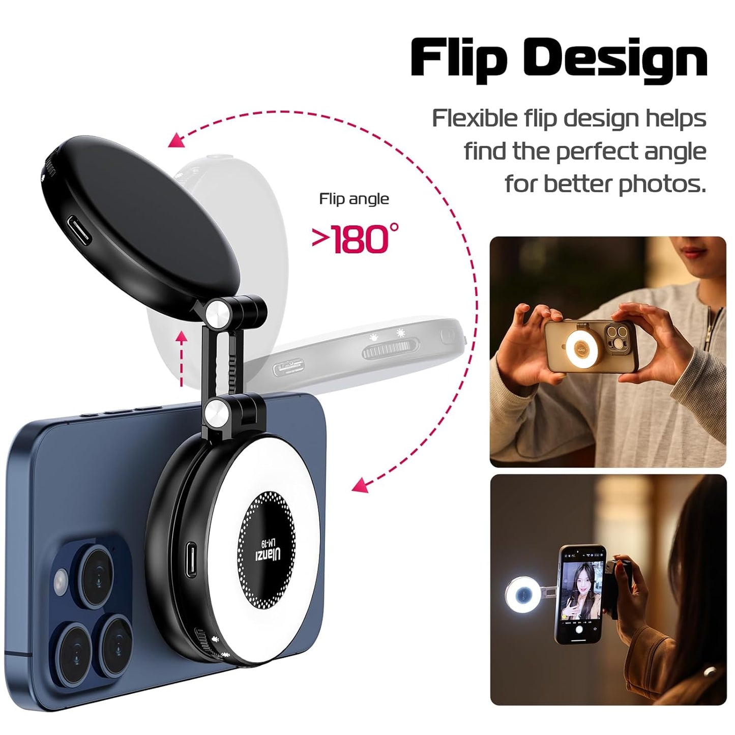ULANZI Magnetic Selfie Light, LED Fill Light Compatible with Magsafe, LED Selfie Ring Light Included Sticky Ring for Phones, for Selfies/Photography/TikTok/Zoom Calls/Video Conference Color Black