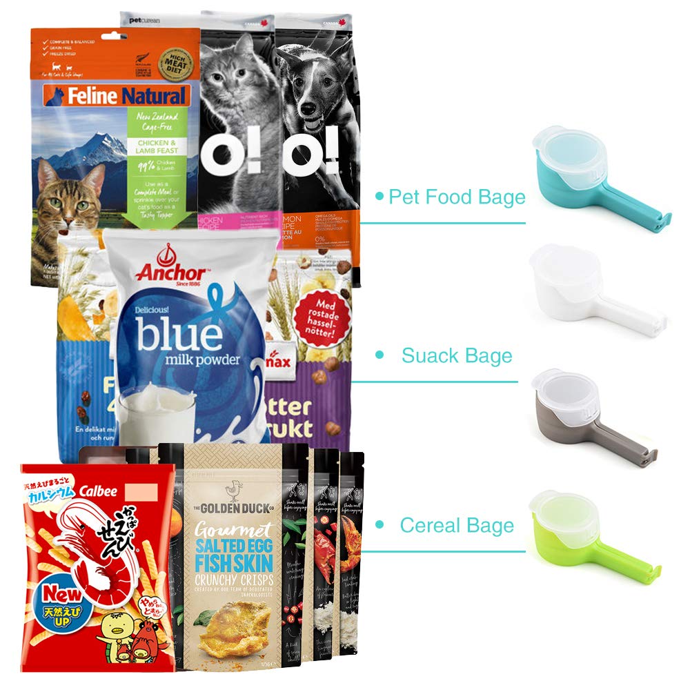 4pcs Food Bag Clips with Pour Spouts, Great Clips Bags for Kitchen, Suitable for Small Particle Food, Liquid,Flour and Baby Food Storage Organizer