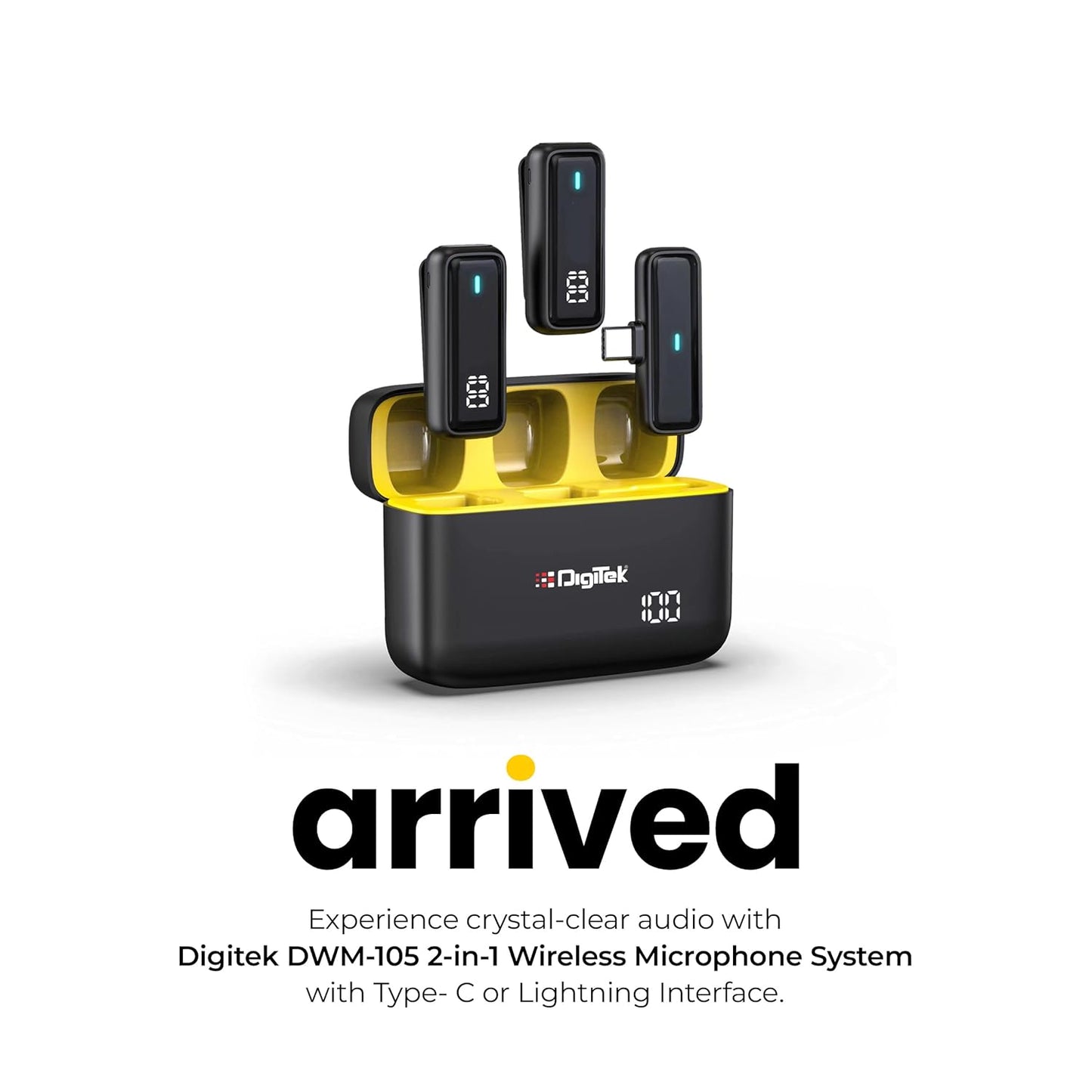 Digitek® DWM 105 2 in 1 Wireless Microphone System with ANC Mode, 50m Wireless Range, 6-Hour Working Time, Plug & Play Auto Pairing, Compatible with Android & iOS for Broadcasting & Audio Recording