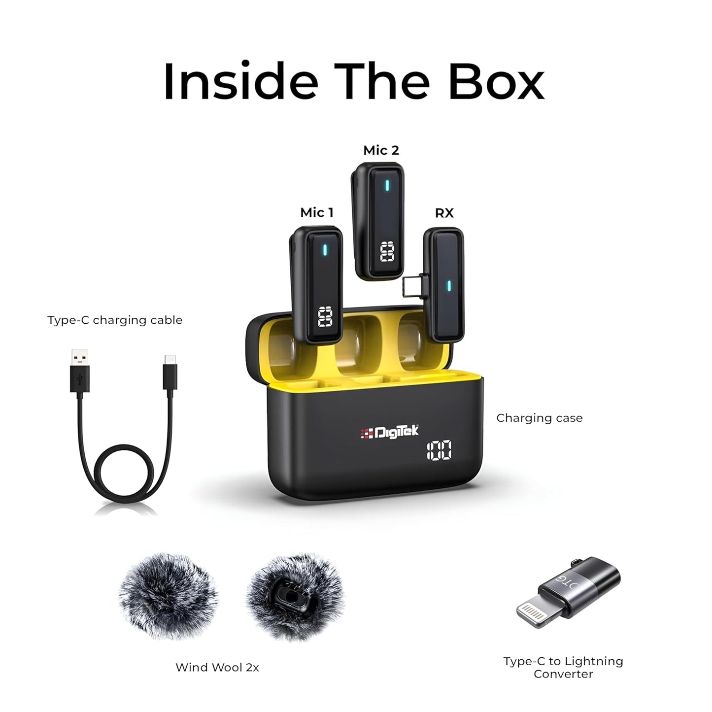 Digitek® DWM 105 2 in 1 Wireless Microphone System with ANC Mode, 50m Wireless Range, 6-Hour Working Time, Plug & Play Auto Pairing, Compatible with Android & iOS for Broadcasting & Audio Recording