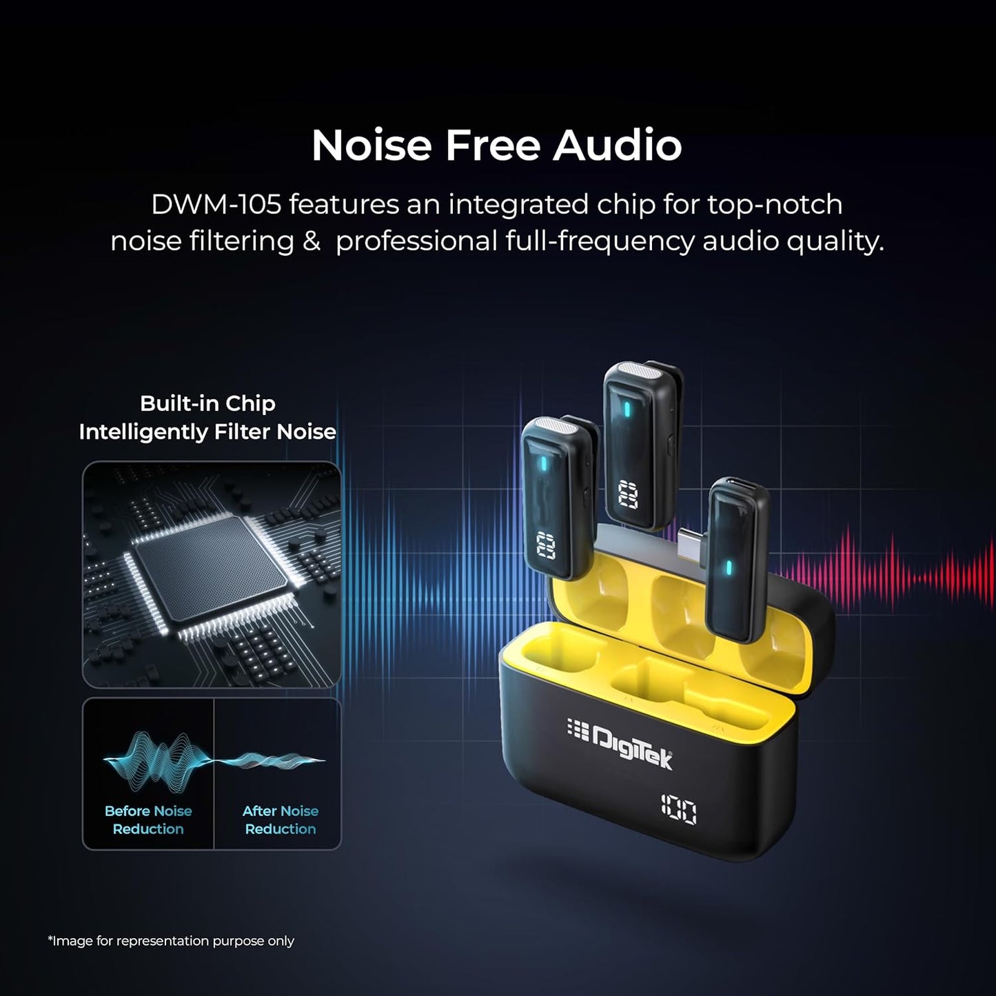 Digitek® DWM 105 2 in 1 Wireless Microphone System with ANC Mode, 50m Wireless Range, 6-Hour Working Time, Plug & Play Auto Pairing, Compatible with Android & iOS for Broadcasting & Audio Recording