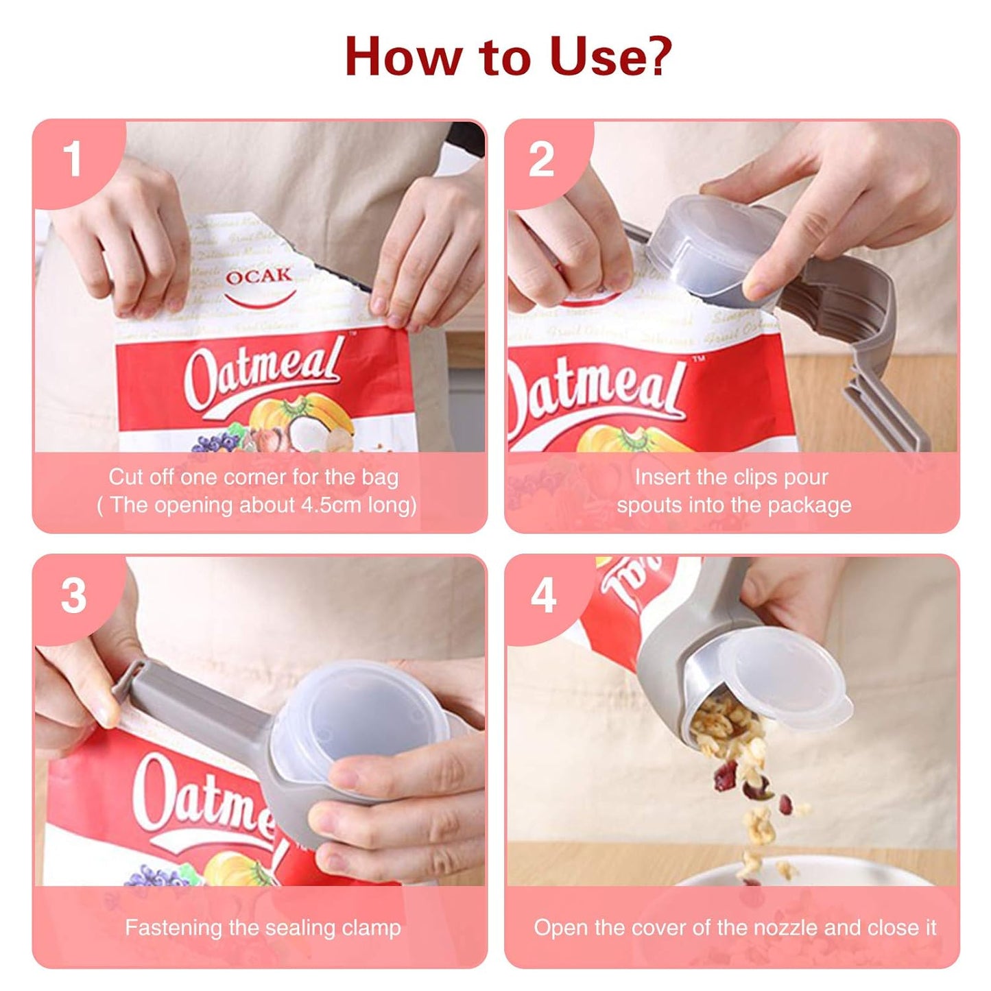 4pcs Food Bag Clips with Pour Spouts, Great Clips Bags for Kitchen, Suitable for Small Particle Food, Liquid,Flour and Baby Food Storage Organizer