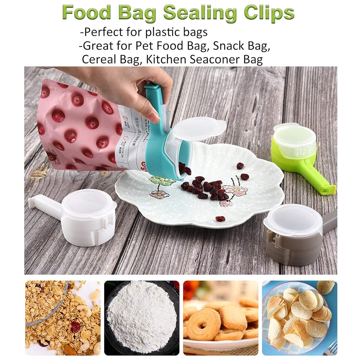 4pcs Food Bag Clips with Pour Spouts, Great Clips Bags for Kitchen, Suitable for Small Particle Food, Liquid,Flour and Baby Food Storage Organizer